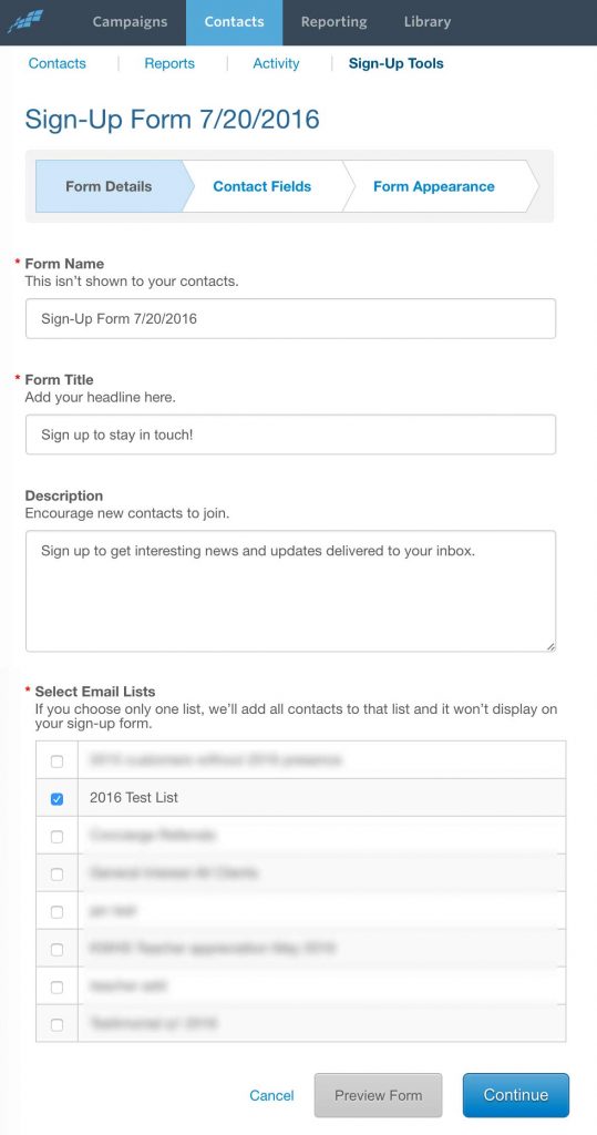 Create Signup Form at Constant Contact